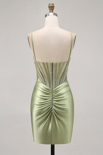 Sage Green Beaded Corset Tight Ruched Short Cocktail Dress with Rhinestones